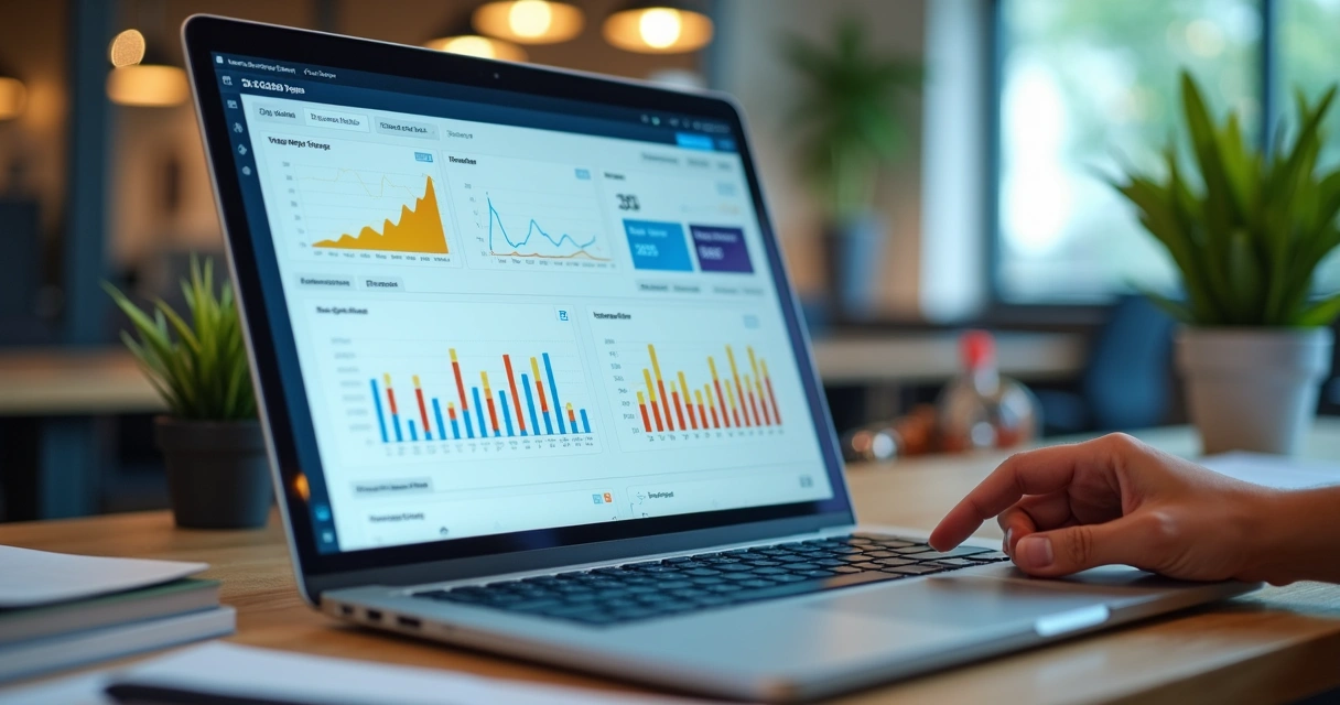 Dashboard colorido de métricas de marketing em tela de notebook 