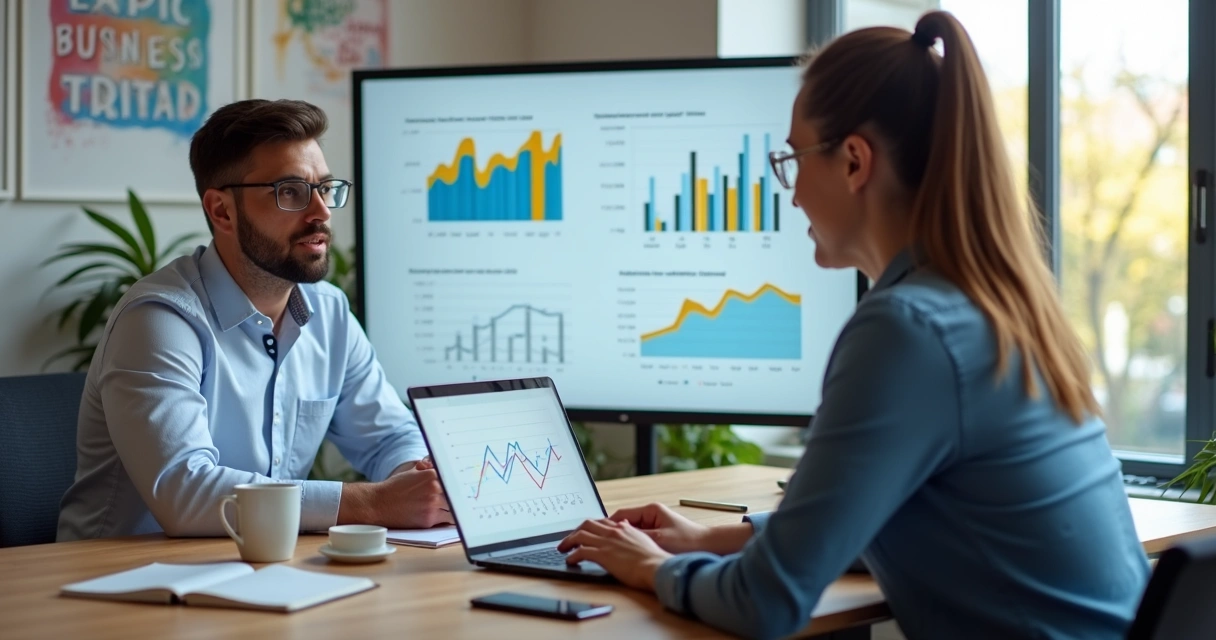 Profissional de marketing mostrando relatório em reunião com empresário 