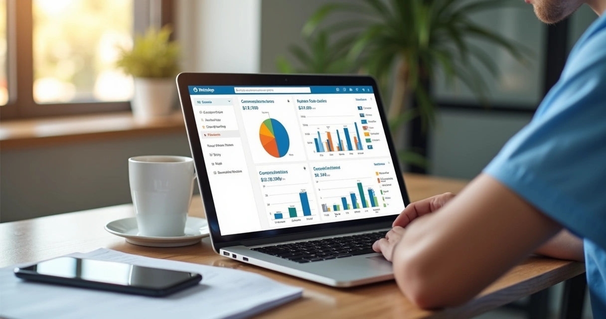 Relatório de marketing veterinário em tela de notebook com gráficos simples