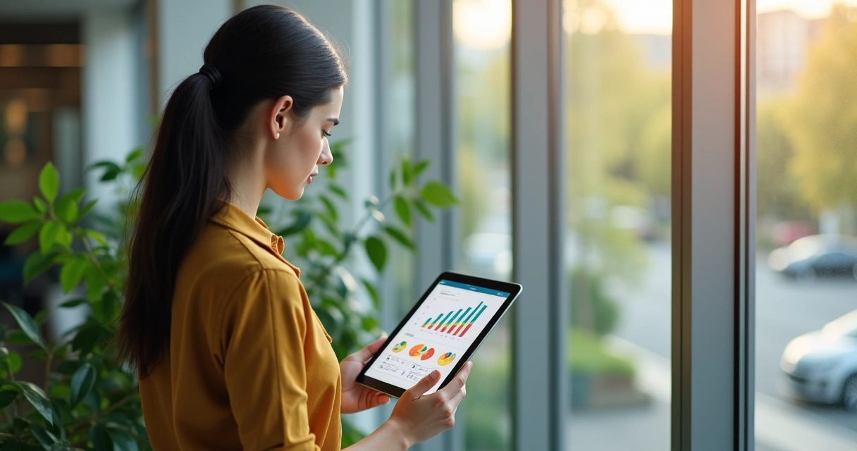 Mulher analisa relatório de métricas ambientais em tablet 