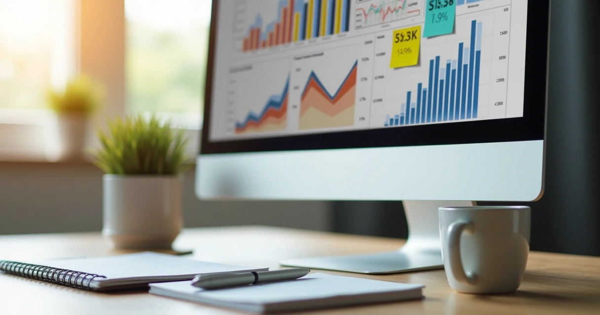 Monitor de computador mostrando gráficos coloridos de métricas digitais 
