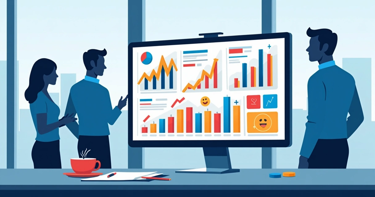 Tela de computador exibindo relatório de métricas, gráficos coloridos e emojis. 