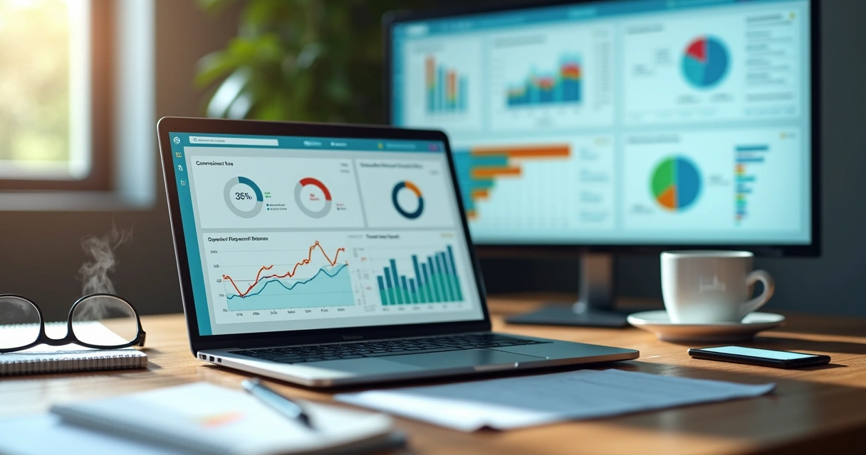 Dashboard com relatórios de métricas de landing page em um notebook sobre mesa de trabalho 