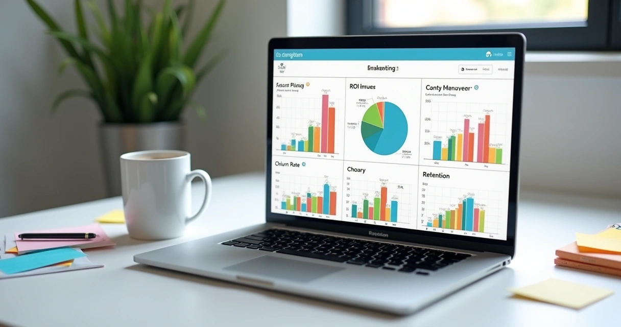 Tela de relatório digital de marketing com gráficos e indicadores de performance