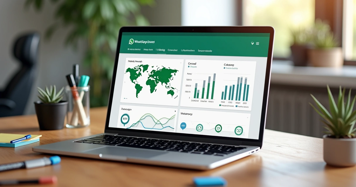 Gráfico de métricas de campanha no WhatsApp Business exibido em laptop 
