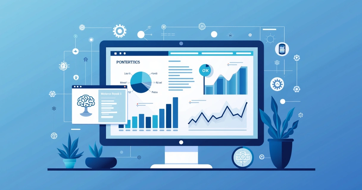 Ilustração corporativa mostrando tela de computador com gráfico e ícones de inteligência artificial ao redor 