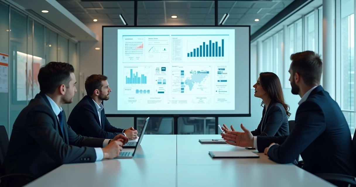 Relatório digital de não conformidade em tela na sala de reunião, equipe observa gráficos interativos 