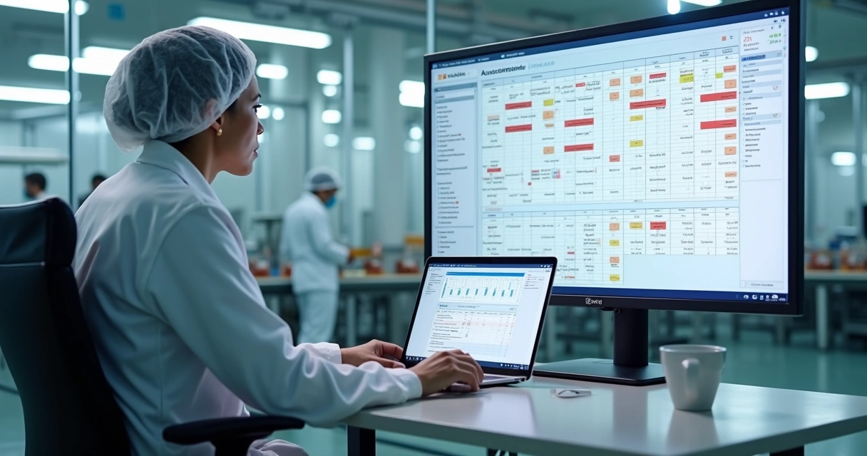 Gestor analisando relatório automatizado de não conformidade em fábrica de alimentos 