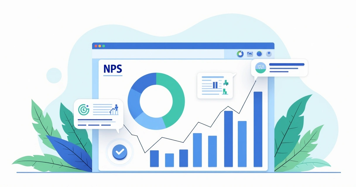Dashboard digital com gráficos de NPS, notificações de alerta e ícones de análise de dados em estilo flat corporativo 