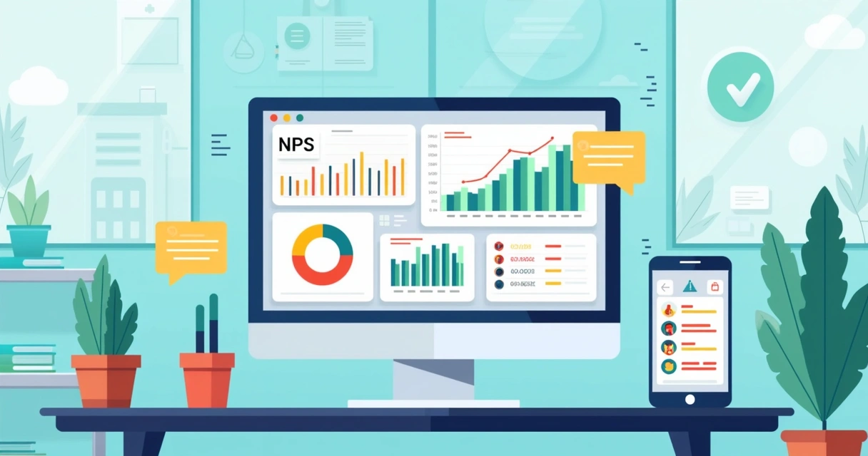 Relatório de NPS com gráficos e painéis digitais