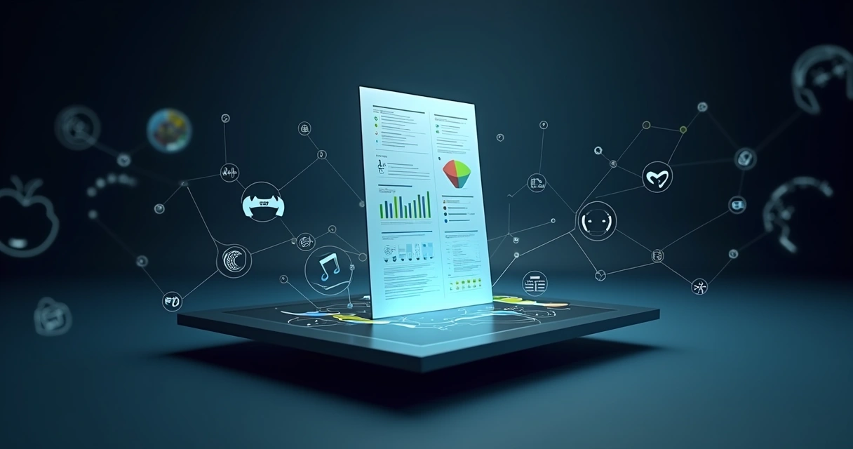 Relatório nutricional automático emergindo de painel digital com dados organizados 