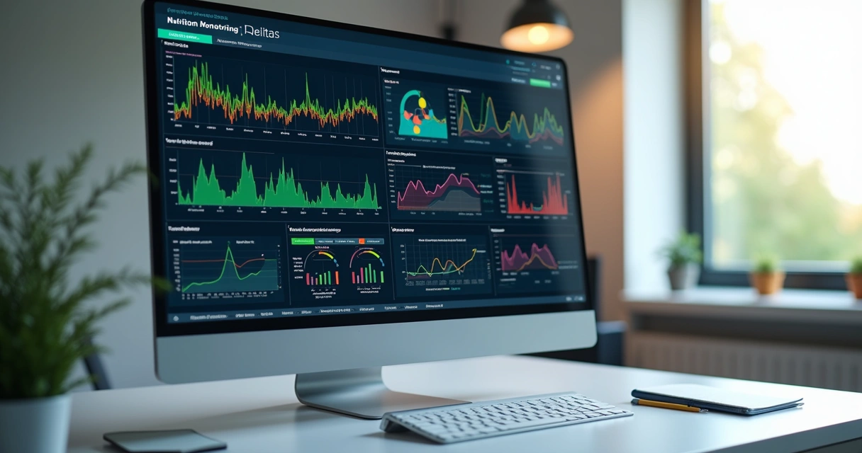 Tela de computador com dashboard detalhado de monitoramento nutricional mostrando gráficos, alertas e dados clínicos organizados 