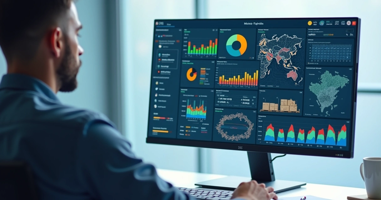 Gestor analisando relatórios de armazenagem no computador 