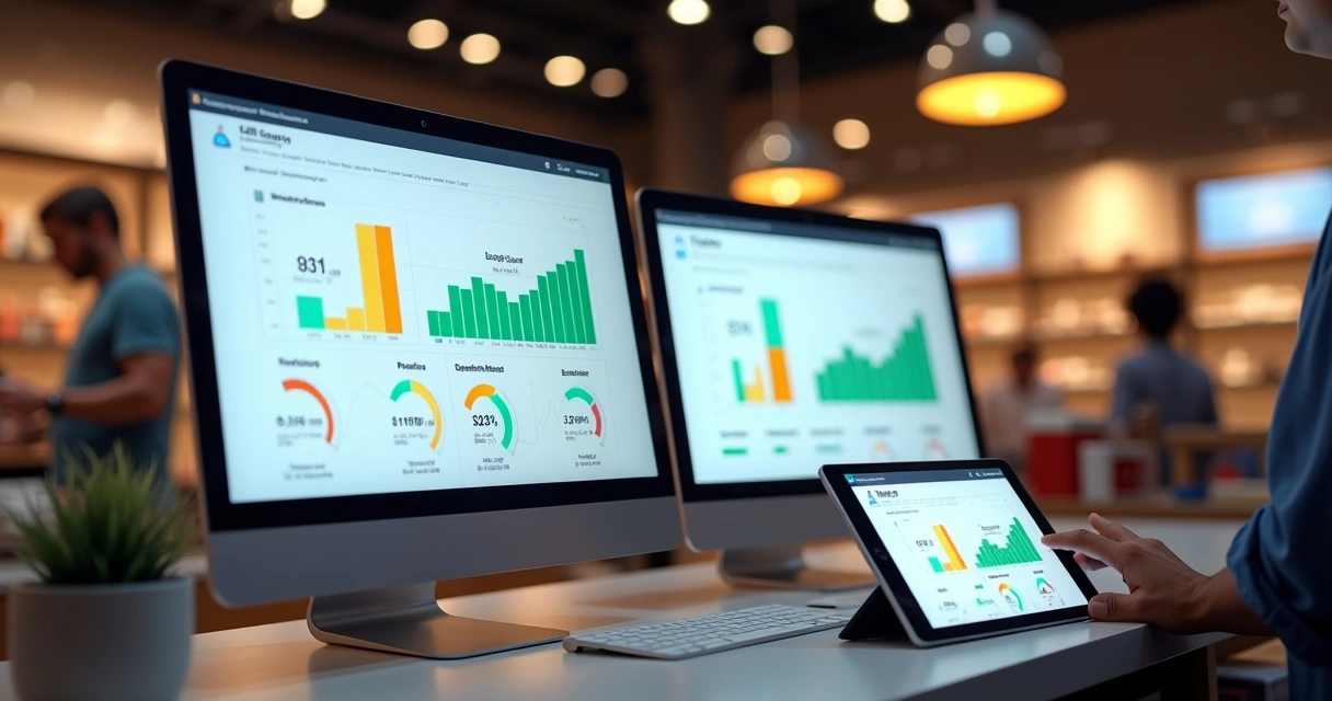 Gráfico de vendas e indicadores de margem de lucro em tela de computador e tablet 