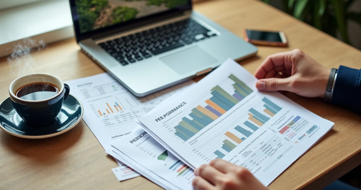 Relatório de performance de hedge analisado junto a café e notebook