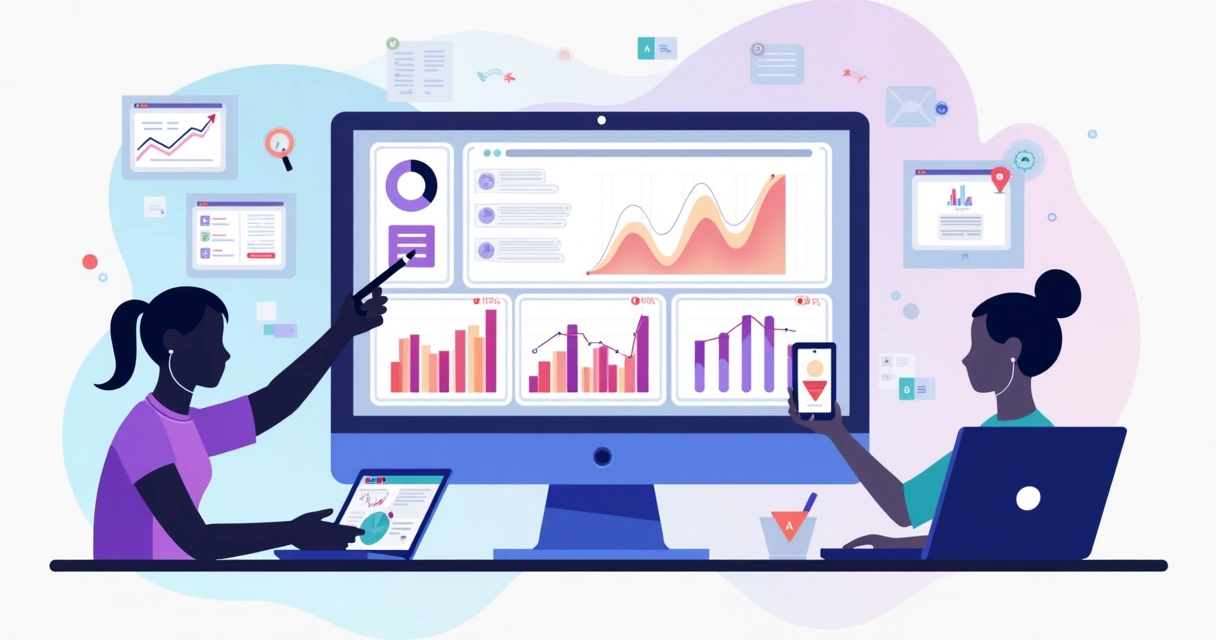 Dashboard com relatórios de performance de landing pages em tela de computador 