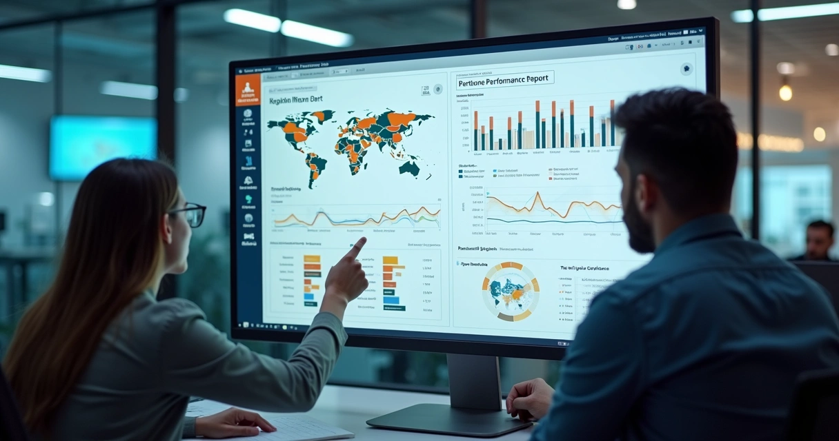 Relatório digital de performance de parceiros na tela, gráficos e mapas 