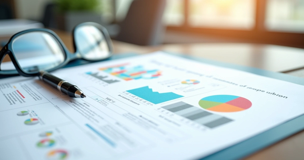 Relatório técnico bancário impresso com gráficos coloridos e marcações 