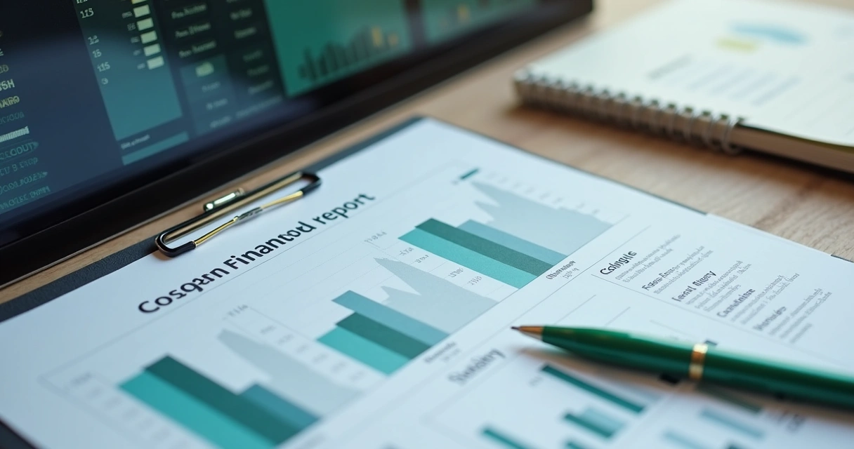 Tela de computador exibindo relatório financeiro personalizado ao lado de um bloco de anotações. 
