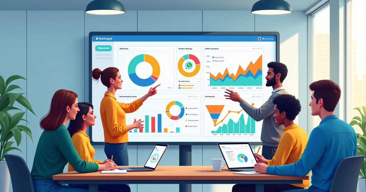Equipe de vendas analisando relatório colorido e detalhado em tela 