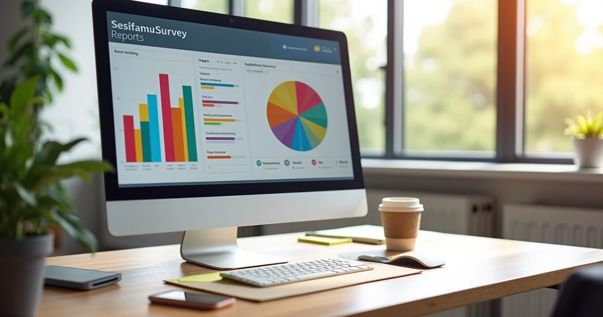 Relatório de pesquisa de satisfação com gráficos coloridos em tela de computador 