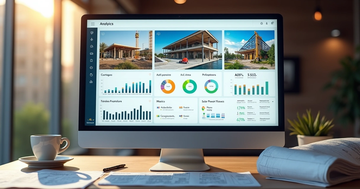 Tela de computador mostrando relatório visual de câmera solar 4G em plataforma de gestão, com gráficos e imagens da obra. 