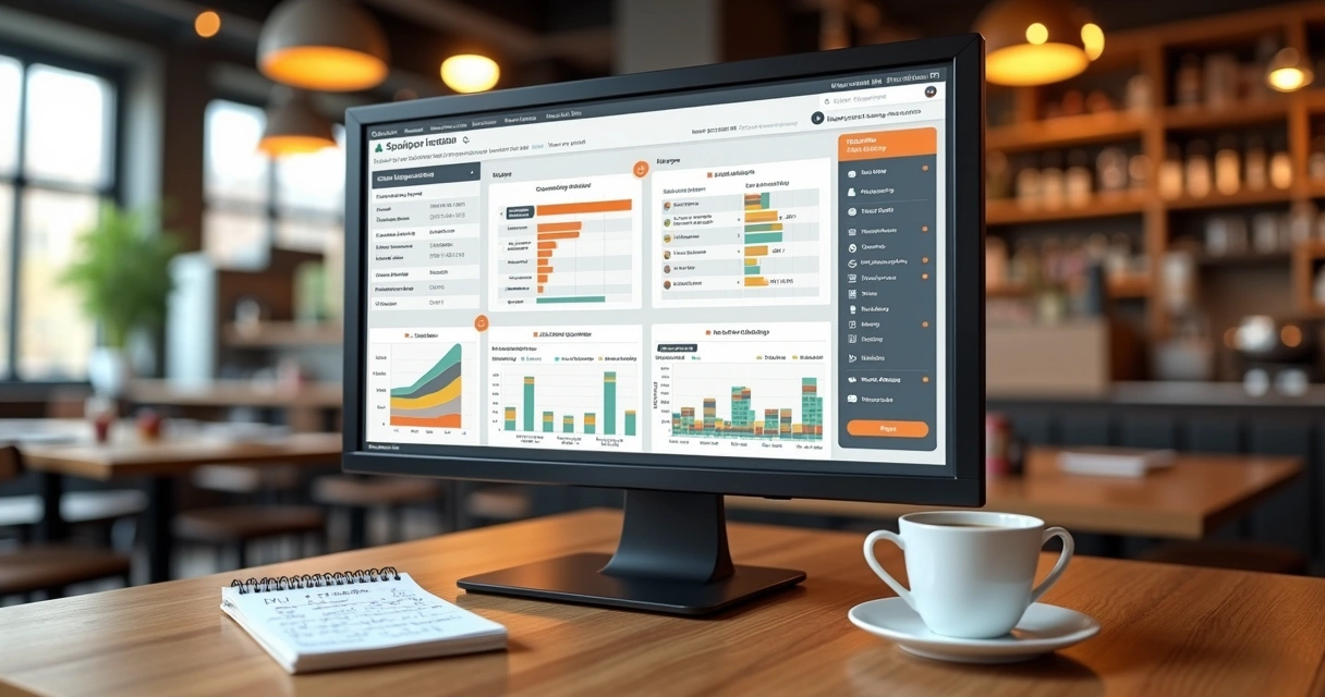 Tela de computador com relatórios de compras e estoque de restaurante 