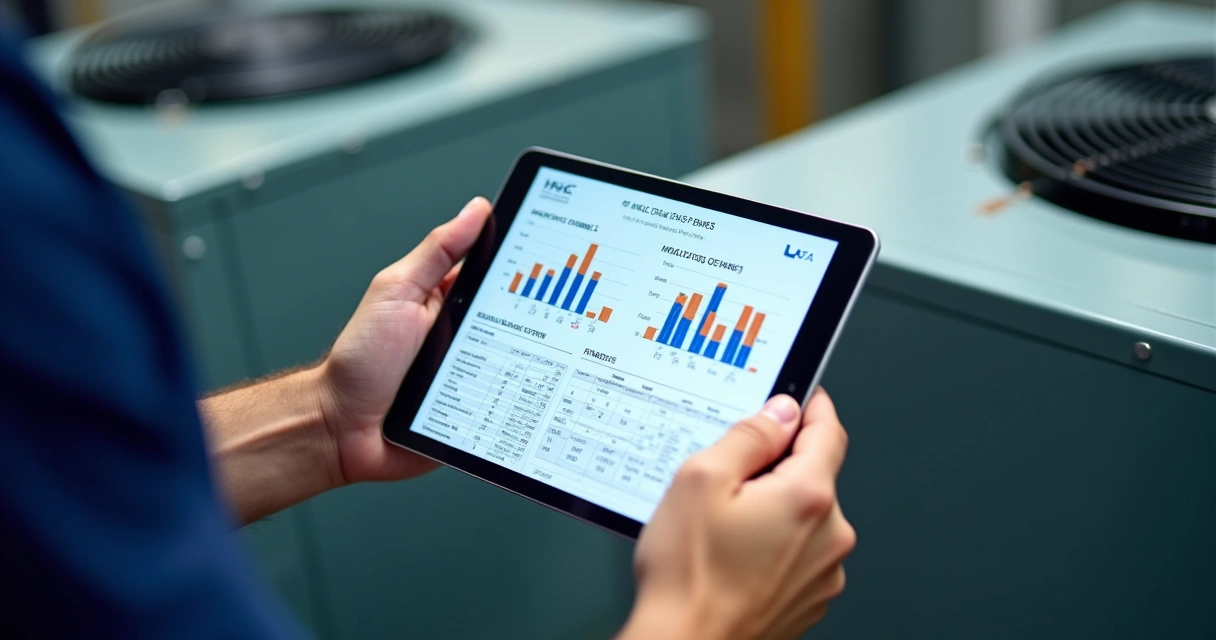 Relatório de PMOC digital exibido em tablet por técnico 