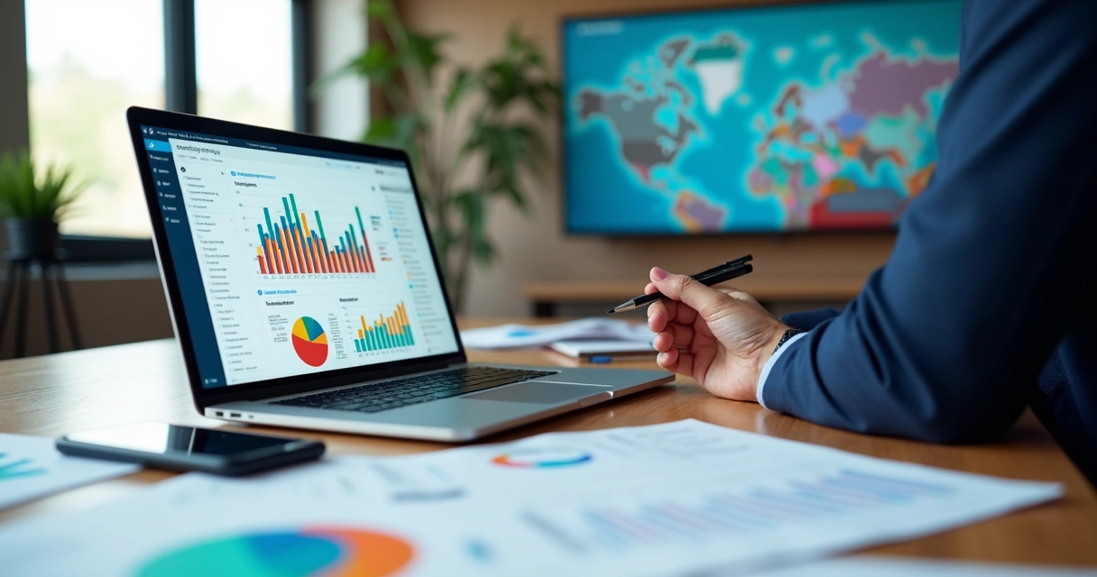 Político analisando painel com relatórios eleitorais em notebook e tablet 