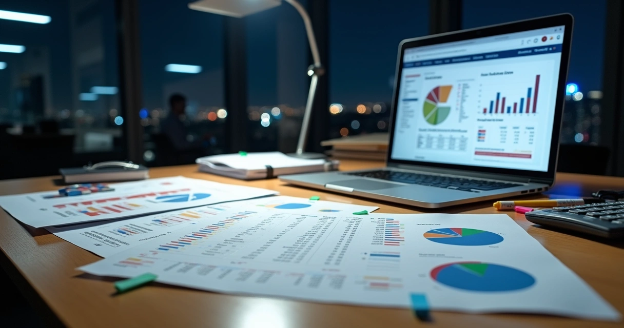 Mesa de trabalho com relatórios eleitorais impressos e notebook aberto em gráficos 
