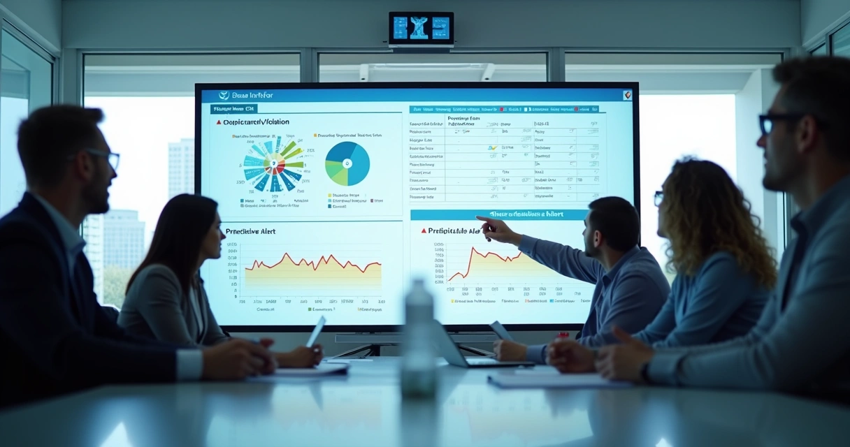 Equipe analisando relatório ambiental digital projetado em tela. 