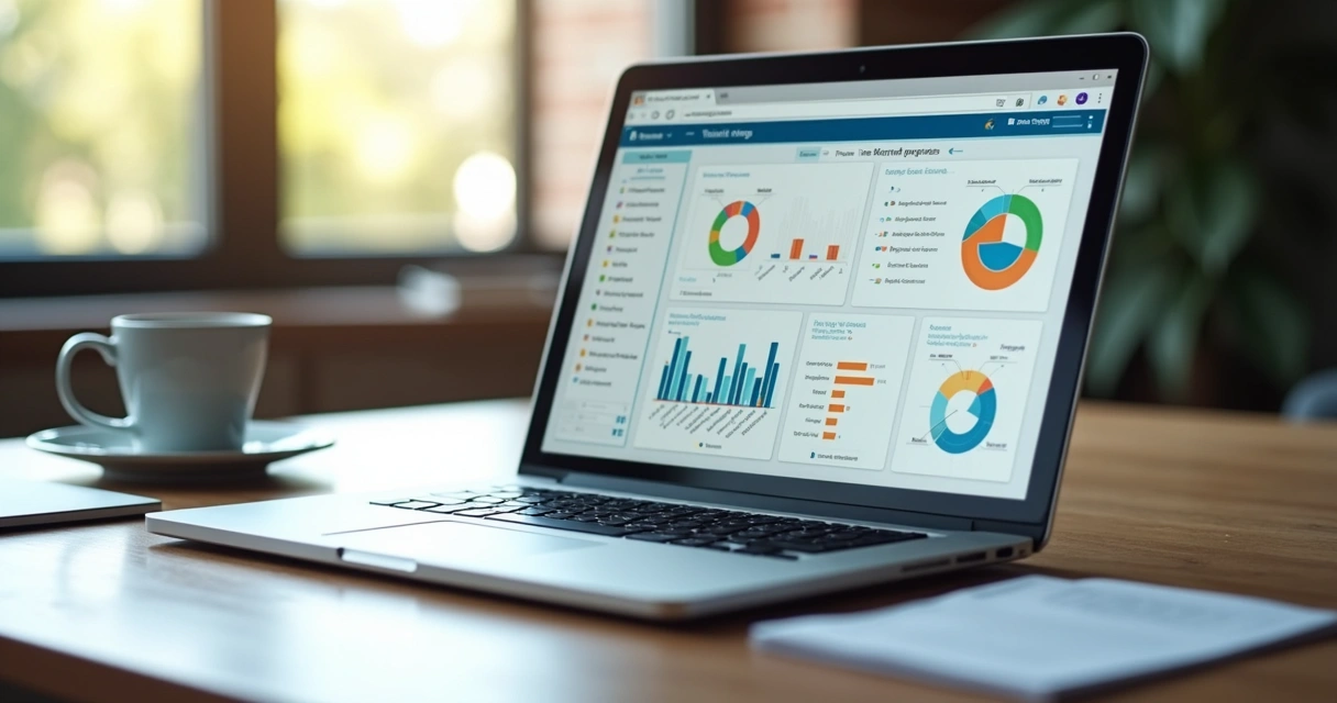 Dashboard de relatórios de progresso com gráficos coloridos na tela de um notebook 