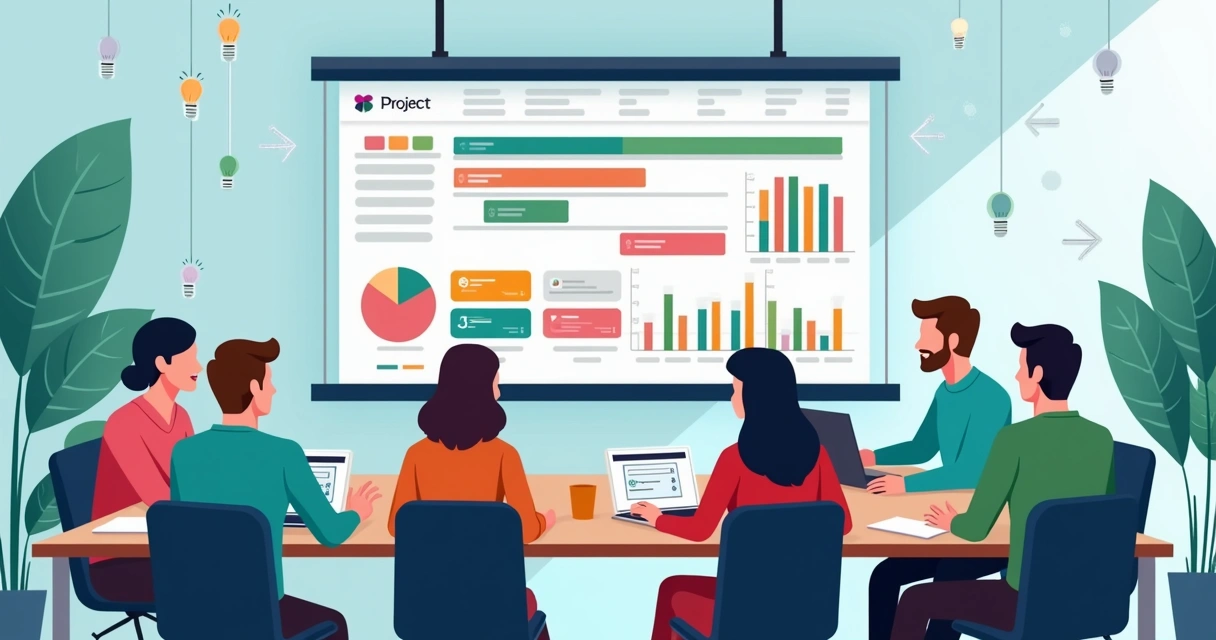 Equipe reunida analisando relatório de projeto com gráficos coloridos 