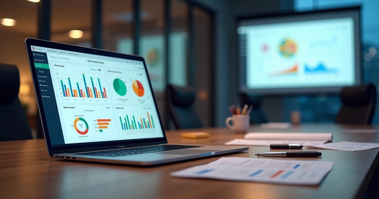 Tela de notebook exibindo relatório de recrutamento com gráficos coloridos em escritório de RH moderno 