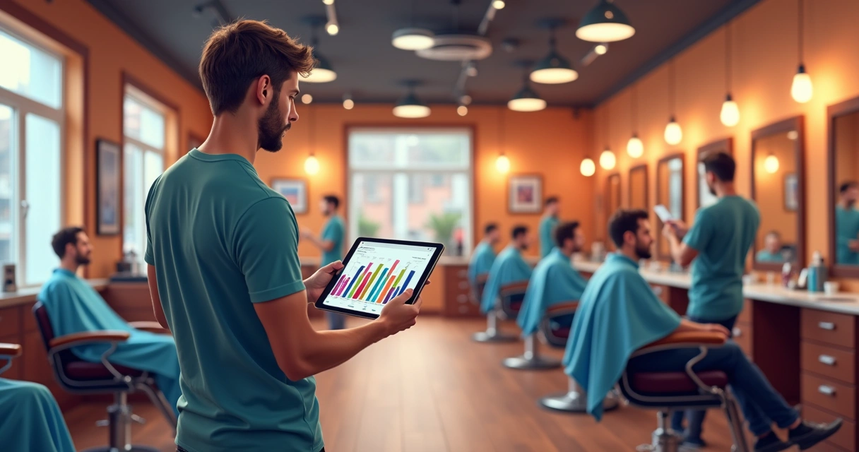 Gestor de barbearia segurando tablet com gráfico de desempenho 