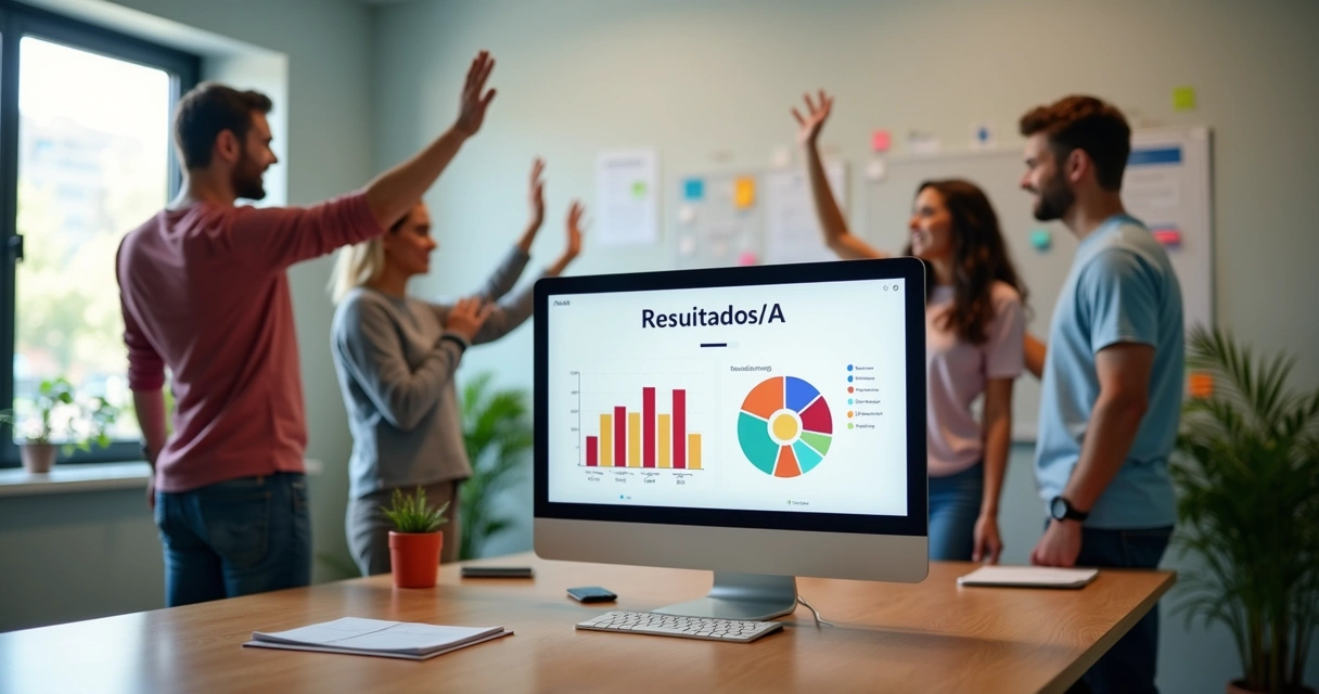 Gráfico de resultados de IA em tela, equipe comemorando 