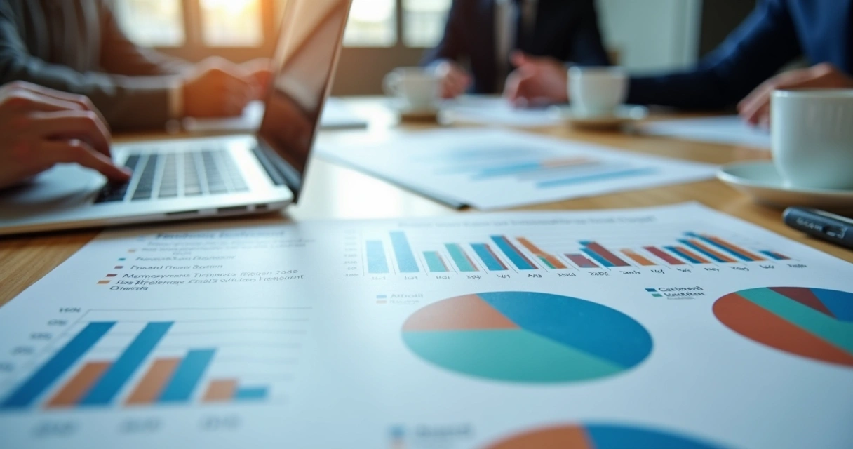 Relatório com gráficos de resultados de transporte corporativo em uma mesa de reunião 