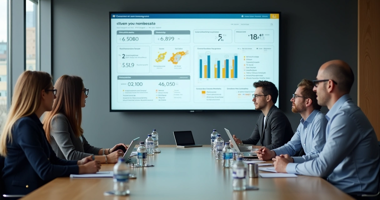 Equipe de gabinete analisando relatório digital em reunião 