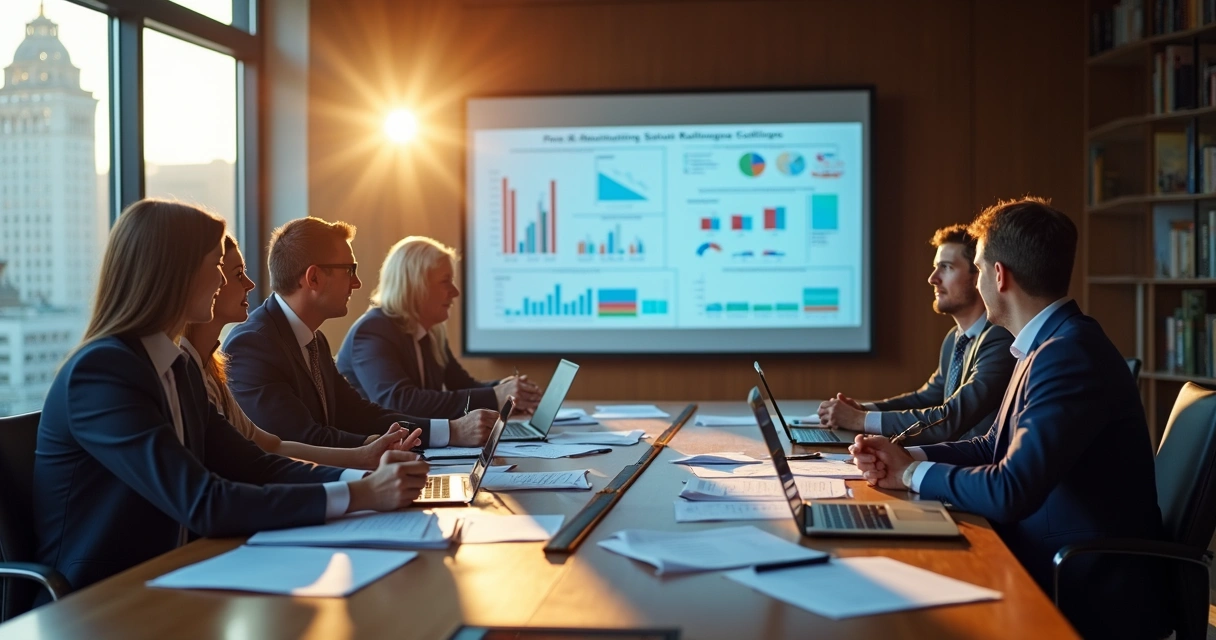 Equipe política analisando relatório digital durante reunião 