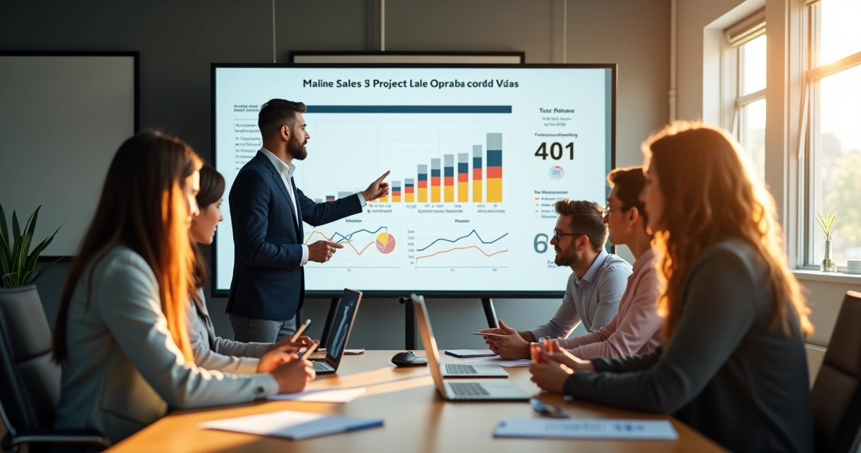 Resumo visual de indicadores de vendas projetados em quadro branco 