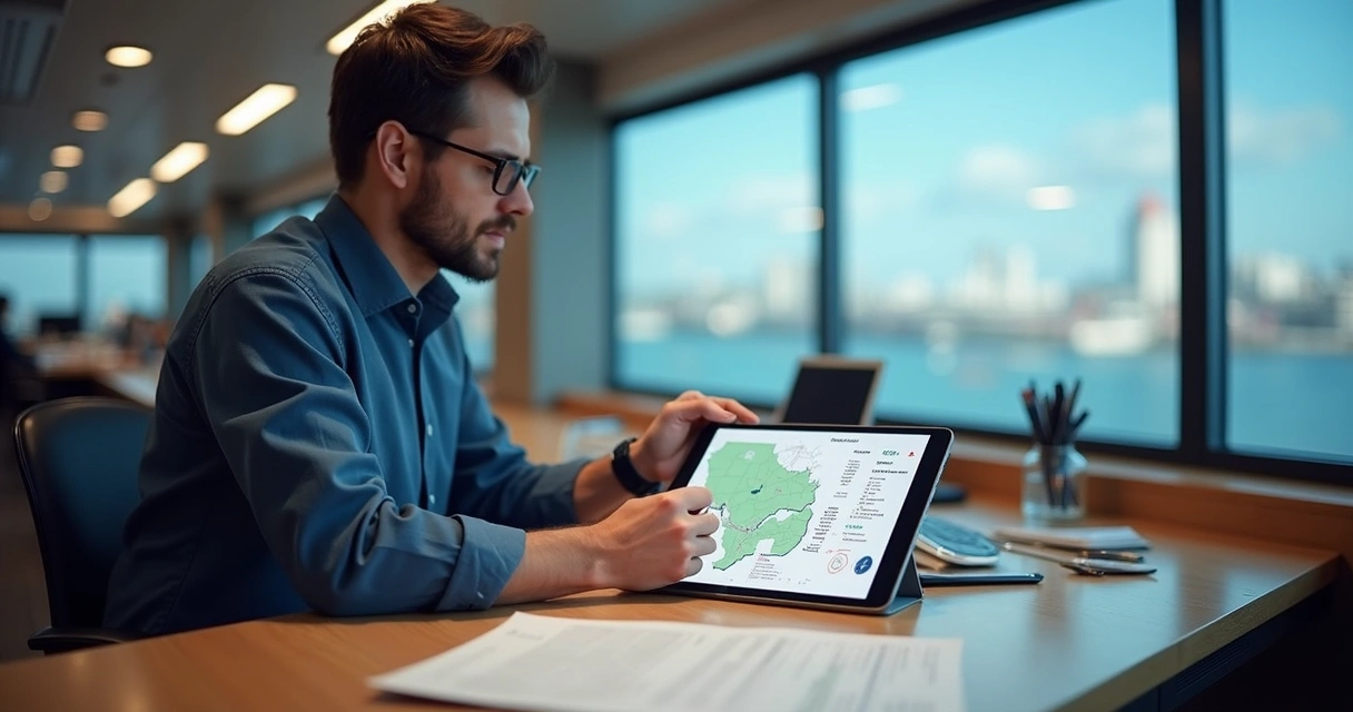 Relatório de telemetria com rotas em mapa no tablet de gestor empresarial