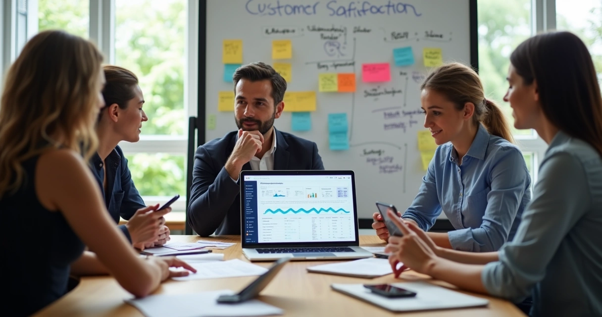 Reunião de equipe avaliando relatório semanal de satisfação