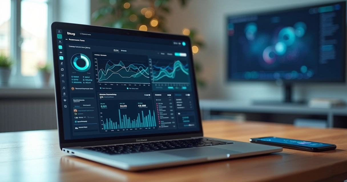 Painel de desempenho de blog com gráficos em tela de notebook e ícones de inteligência artificial 