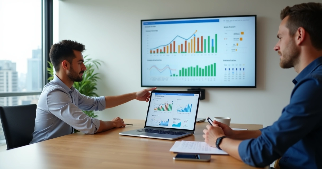 Consultor mostrando relatório de SEO com gráficos para cliente em reunião 