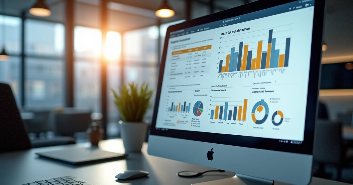 Relatório setorial de obras industriais com gráficos coloridos 