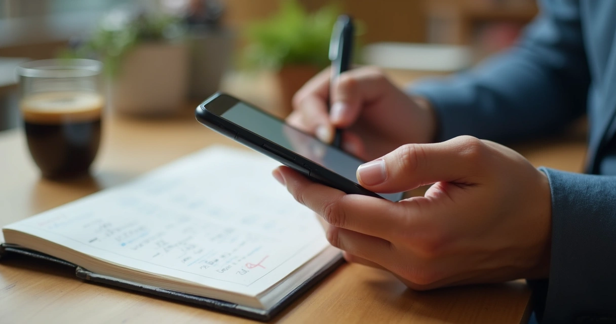 Relatório simples de vendas exibido em tela de celular ao lado de bloco de notas 
