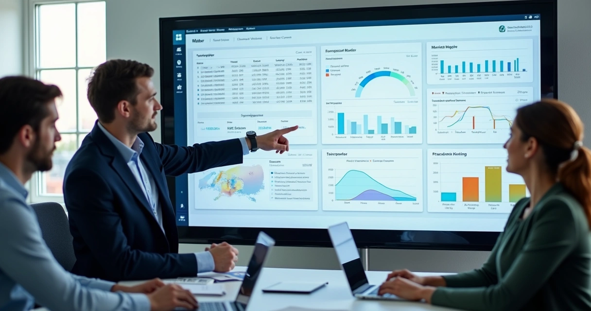 Dashboard do SmartView com gráficos e tabela de vendas em tela grande 