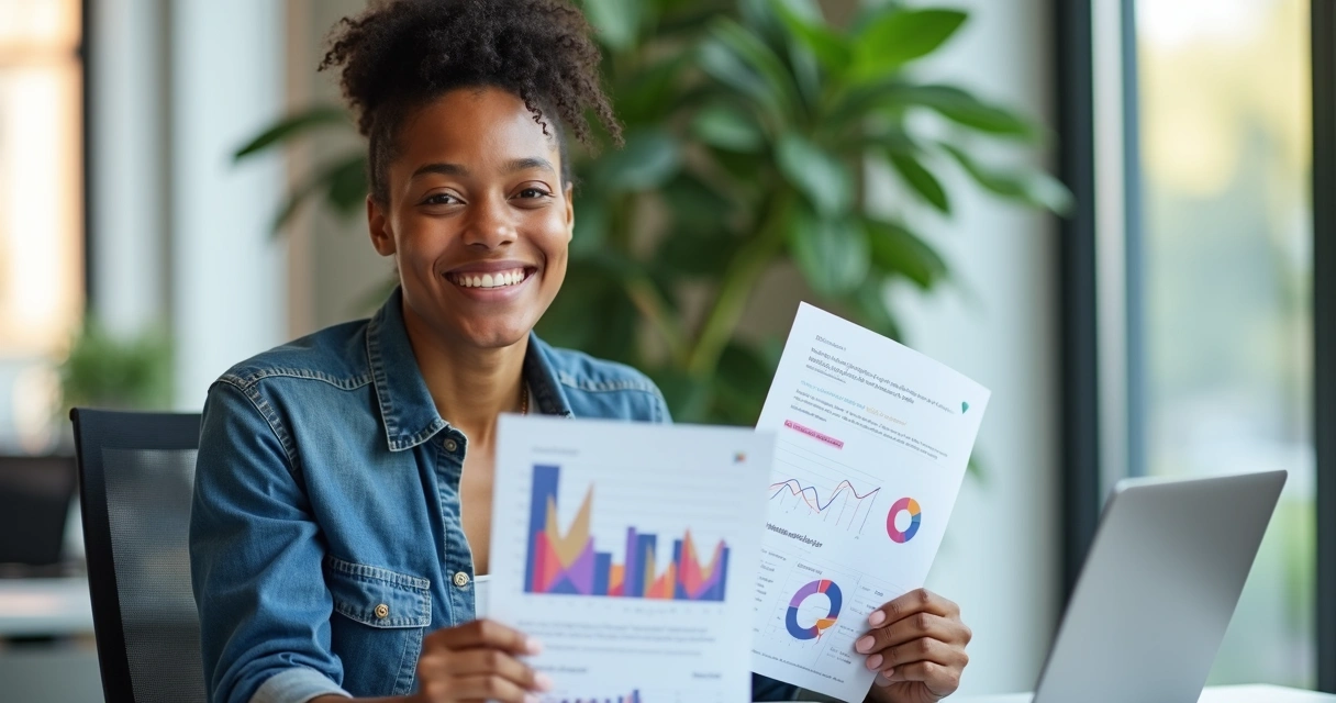 Pessoa autônoma sorridente analisando relatório financeiro