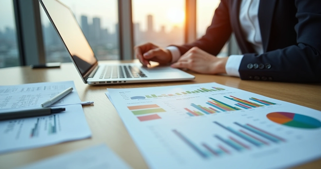 Tela de relatório de sustentabilidade colorido junto com gráficos financeiros em destaque 