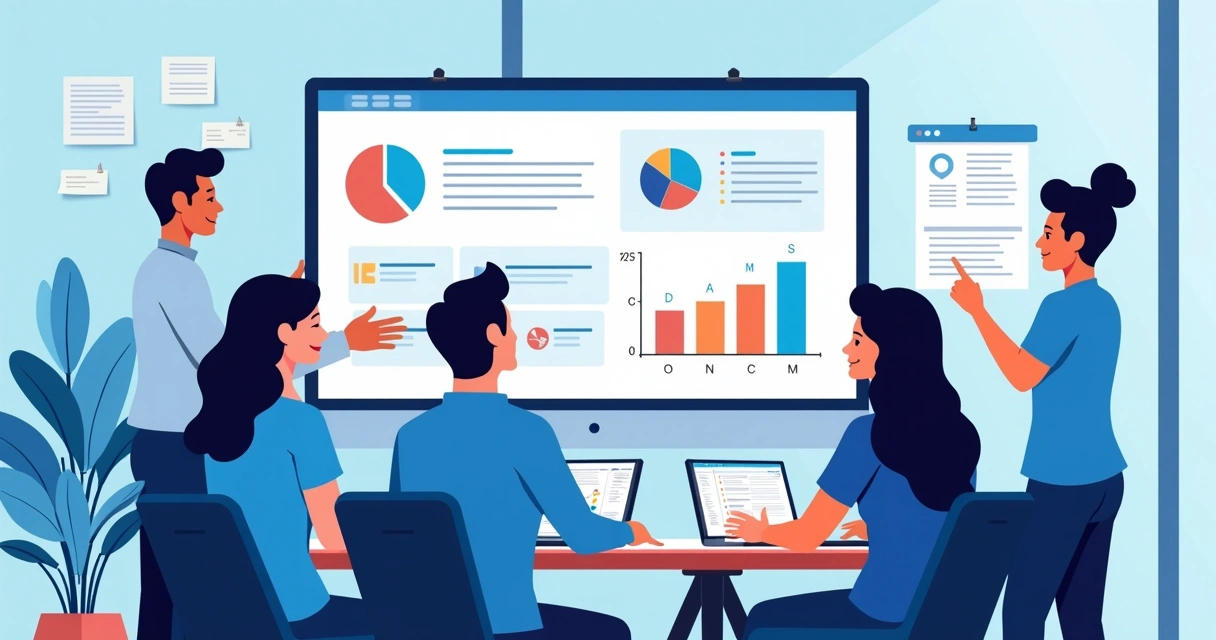 Equipe de agência analisando taxa de conversão em tela de computador 